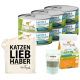 Dosen Katzenfutter mit der Aufschrift "Lachs & Truthahn" gestapelt hinter einer Tragetasche mit "KATZEN LIEB HABER" und verschiedenen Haustierfutterprodukten.