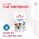 Royal Canin Training Treats-Packung mit einem glücklichen Hund, beschriftet mit "Leckere Kaustücke mit niedrigem Kaloriengehalt", mit dem Hinweis "Weniger als 3 Kalorien pro Stück."