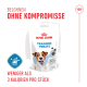 Royal Canin Training Treats-Packung mit einem glücklichen Hund, beschriftet mit "Leckere Kaustücke mit niedrigem Kaloriengehalt", mit dem Hinweis "Weniger als 3 Kalorien pro Stück."