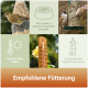 Vögel füttern an Maschen-Futterspendern mit deutschem Text zu Fütterungsempfehlungen und Temperaturwarnungen.