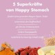 Bild, das das Tierfutter "Happy Stomach" bewirbt: unterstützt die Verdauung, steigert den Stoffwechsel, stärkt das Immunsystem und enthält natürliche Zutaten.