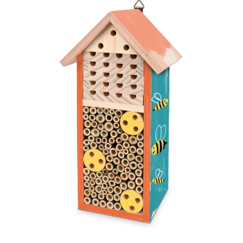 My Pet & Me DIY insect hotel Colorful bee hotel with a wooden structure, featuring various holes for nesting, decorated with yellow circles and bee illustrations.