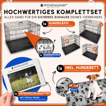 Schwarzer Metall-Haustierkäfig mit einem Maßstab oben drauf, auf Gras platziert, daneben ein gefalteter, plastiküberzogener Gegenstand.