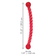 Red braided dog chew toy with round ends; labeled 11.5" / 29.2 cm length and 1.5" / 3.8 cm width