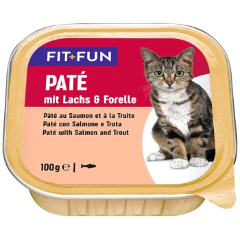 Adult Paté Lachs und Forelle 16x100 g Tierfutterverpackung mit einer getigerten Katze, beschriftet "PATÉ mit Lachs & Forelle" mit Übersetzungen in Französisch, Spanisch und Englisch, 100g.