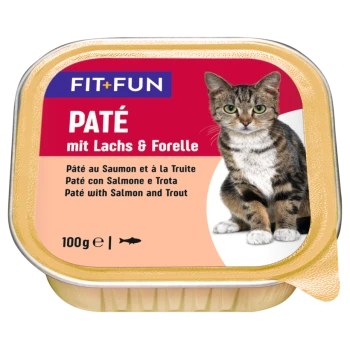 Opakowanie karmy dla kotów z wizerunkiem kota tabby, oznaczone "PATÉ mit Lachs & Forelle" z tłumaczeniami na francuski, hiszpański i angielski, 100g.