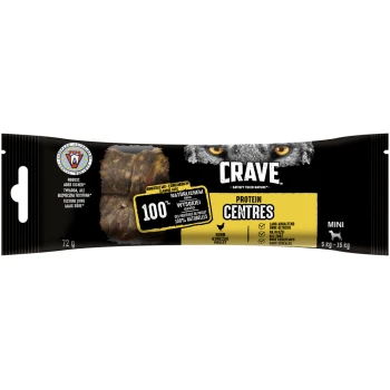 Verpackung von Crave Protein Centres Hundeleckerlis mit einem Wolf-Grafik, die '100% natürlich' und 'Huhn' in fettem Text hervorhebt.