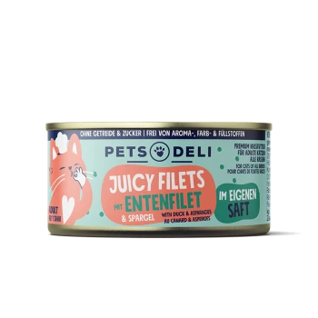 Dosenkatzenfutter mit der Aufschrift "Saftige Filets mit Entenfilet & Spargel" von Pets Deli, mit einer pinken Katzenillustration und Text auf Deutsch.