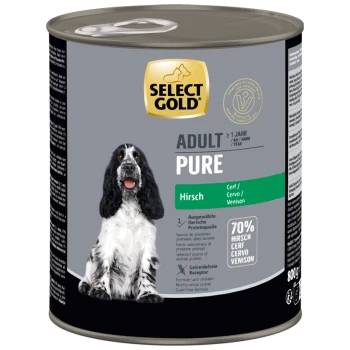 Select Gold Adult Pure Hundefutterdose mit Wildgeschmack, getreidefreie Rezeptur, 800g, mit Bild eines schwarz-weißen Hundes.