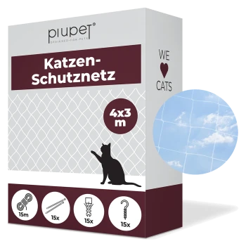 Box mit Piupet-Katzenschutznetz, 4x3 m, mit einer Silhouette einer Katze und Symbolen für enthaltenes Zubehör, mit dem Text "WE ♥ CATS".
