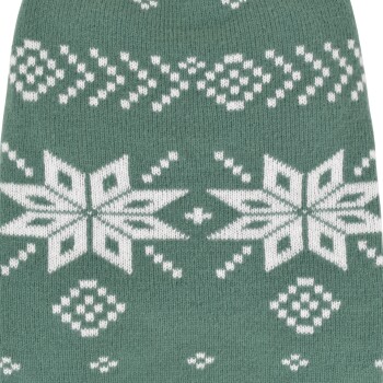 Grüner gestrickter Haustierpullover mit weißem nordischem Schneeflocken- und geometrischem Fair-Isle-Muster.