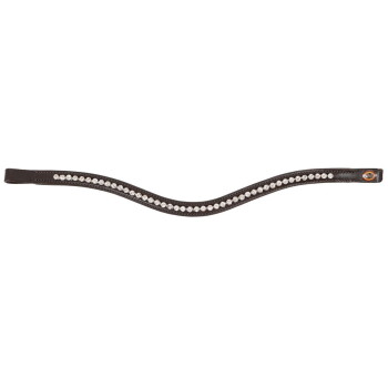 Brauner Leder-Hundehalsband, verziert mit einer Reihe funkelnder Strasssteine, mit einem dekorativen Metallschild an einem Ende.