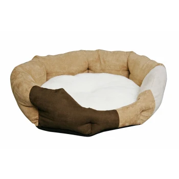 Okrągłe legowisko dla zwierząt z miękkim białym środkiem i wielokolorowym zamszowym wykończeniem w odcieniach brązu i beżu.