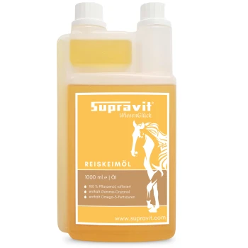 Flasche Supravit Reiskeimöl 1000ml Flüssigkeit mit Pferdeillustration und deutschem Text auf dem Etikett.
