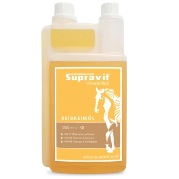 Flasche Supravit Reiskeimöl 1000ml Flüssigkeit mit Pferdeillustration und deutschem Text auf dem Etikett.