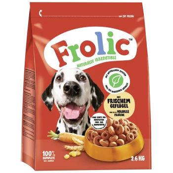 Sac de nourriture pour chiens avec un dalmatien heureux, étiqueté "Frolic" avec "Naturellement irrésistible", 2,6 kg, et des détails sur les ingrédients de volaille fraîche.
