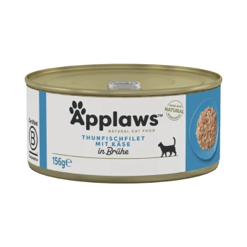 Nassfutter Katze Adult in Brühe Thunfisch und Käse 24x156 g Dose Applaws Naturkatzenfutter mit Thunfischfilet und Käse in Brühe, auf Deutsch beschriftet, 156g.