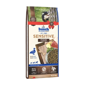 Bosch Sensitiv Hundefutterbeutel, 15 kg, mit frischer Ente (45 %), 21,5 % Protein, 12,5 % Fett; für Hunde über 12 Monate.