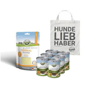 Bellfor Vermal Pulver, sechs Dosen Landgut-Menü Insekten-Hundefutter und eine Tragetasche mit der Aufschrift "HUNDE LIEB HABER."
