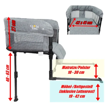 Graues Haustierbett mit verstellbarer Höhe (40-63 cm), Abmessungen 42x41 cm, mit einer weichen Matratze (10-30 cm) und Netzseiten.