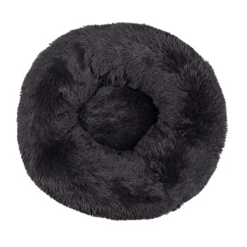 Rundes, flauschiges schwarzes Haustierbett mit einer weichen Textur, entworfen für Komfort und Entspannung.