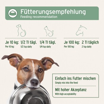 Hund mit Metallschüssel unter der Überschrift 'Fütterungsempfehlung / Feeding recommendation' und Feld 'Einfach ins Futter mischen'.