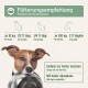 Hund mit Metallschüssel unter der Überschrift 'Fütterungsempfehlung / Feeding recommendation' und Feld 'Einfach ins Futter mischen'.