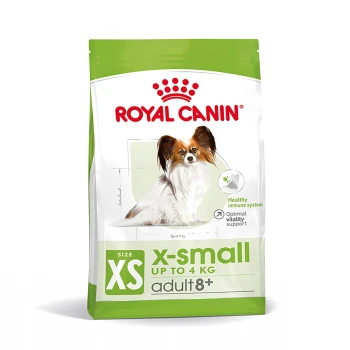 Sac de nourriture pour chiens Royal Canin X-Small pour seniors, présentant une illustration de Papillon et des affirmations pour la santé immunitaire et le soutien à la vitalité.