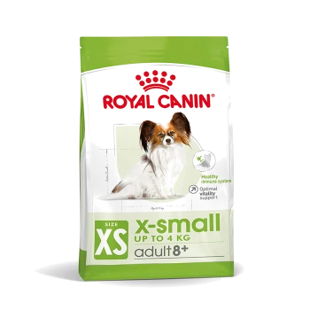 Royal Canin X-Small Hundefutterbeutel für Senioren, mit einer Papillon-Illustration und Ansprüchen auf Unterstützung der Immunität und Vitalität.