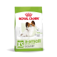 Royal Canin X-Small dog food bag for seniors, featuring a Papillon illustration and claims for immune health and vitality support.