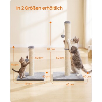 Zwei Katzen auf kleinem und hohem Kratzbaum; sichtbarer Text 'In 2 Größen erhältlich' und Maße 40 cm, 44 cm, 84 cm, 6,2 cm