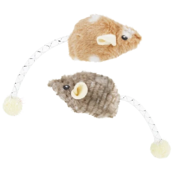 Zwei plüschige Kunstfell-Katzenspielzeugmäuse (beige und grau) mit geflochtenen Seilschwänzen, die in flauschige Bommel enden.