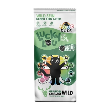 Tüte mit Lucky Lou Senior Katzenfutter mit einer verspielten schwarzen Katze, mit den Hinweisen "Kein Zuckerzusatz", "Getreidefrei" und "Geflügel & frisches Wild".