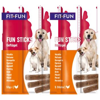 FIT+FUN Fun Sticks Geflügel dog treats pouch showing two dogs, poultry sticks image and text '5 Sticks'.