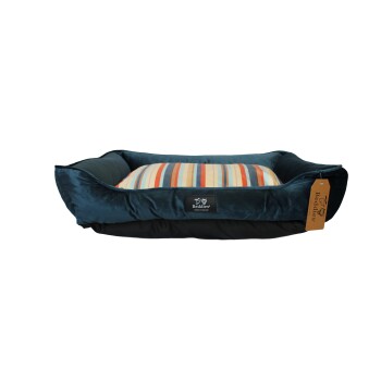 Teal velvet bolstered rectangular pet bed with multicolor striped cushion, front label "Beddies" and hanging Beddies tag