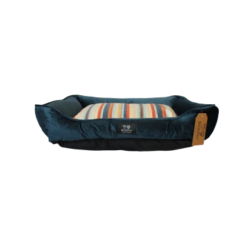 Teal velvet bolstered rectangular pet bed with multicolor striped cushion, front label "Beddies" and hanging Beddies tag