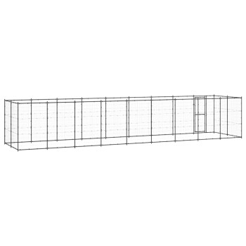 Ein großes, rechteckiges Außengehege für Haustiere aus Metalldraht mit mehreren Abschnitten und einer Tür, entworfen für die Sicherheit von Haustieren.