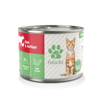 Dose mit Katzenfutter mit einem Etikett, das eine Katze zeigt, Text "Rind & Geflügel" und Symbole für hochwertige Zutaten und Mehrprotein.