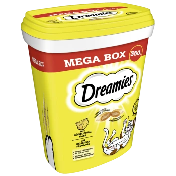 Gelber Behälter mit Dreamies-Katzenleckerlis, beschriftet mit "MEGA BOX 350g", mit einer verspielten Katzenillustration und Text über cremige und knusprige Texturen.