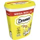 Gelber Behälter mit Dreamies-Katzenleckerlis, beschriftet mit "MEGA BOX 350g", mit einer verspielten Katzenillustration und Text über cremige und knusprige Texturen.