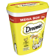 Conteneur jaune de friandises pour chats Dreamies, étiqueté "MEGA BOX 350g", avec une illustration de chat ludique et un texte sur les textures crémeuses et croustillantes.