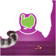 Katzenschwanz neben Trockenfutter auf einem violetten Tisch unter grünem Truthahn-Symbol mit dem Text 'mit Truthahn' auf magentafarbenem Hintergrund