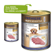 Konserviertes Hundefutter mit der Bezeichnung "Premiere Meati Sensitive", das Lamm und Kartoffeln enthält, mit einem Hundebild und dem Text, der "Neues Design, gleiche Qualität" anzeigt.