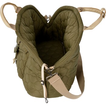 Sac de transport pour animaux matelassé vert olive avec bandoulière beige réglable et fermoir métallique.