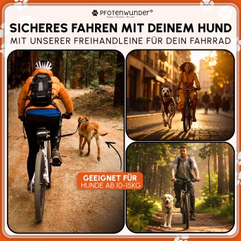 Drei Bilder von Menschen, die mit Hunden Rad fahren und eine freihändige Leine benutzen; Text auf Deutsch fördert sicheres Radfahren mit Hunden von 10-15kg.