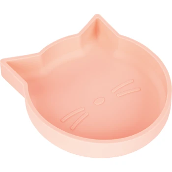 Pink cat-shaped pet food bowl with raised ears and whisker design.
