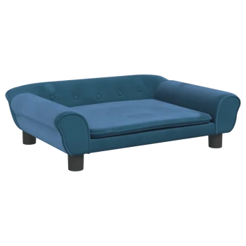 Blaues Haustiersofa mit abgerundeten Armen und Knopfdetails, ausgestattet mit einem plüschigen Kissen und kurzen schwarzen Beinen.