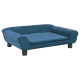 Blaues Haustiersofa mit abgerundeten Armen und Knopfdetails, ausgestattet mit einem plüschigen Kissen und kurzen schwarzen Beinen.