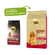 Twee zakken Select Gold hondenvoer: 'Medium Adult' en 'Sensitive,' met een cocker spaniel en 'Nieuw ONTWERP, dezelfde KWALITEIT.'