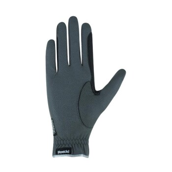 Graue Haustierpflegehandschuhe mit einer strukturierten Oberfläche und schwarzen Akzenten, mit dem Markennamen "Roeckl" am Handgelenk.